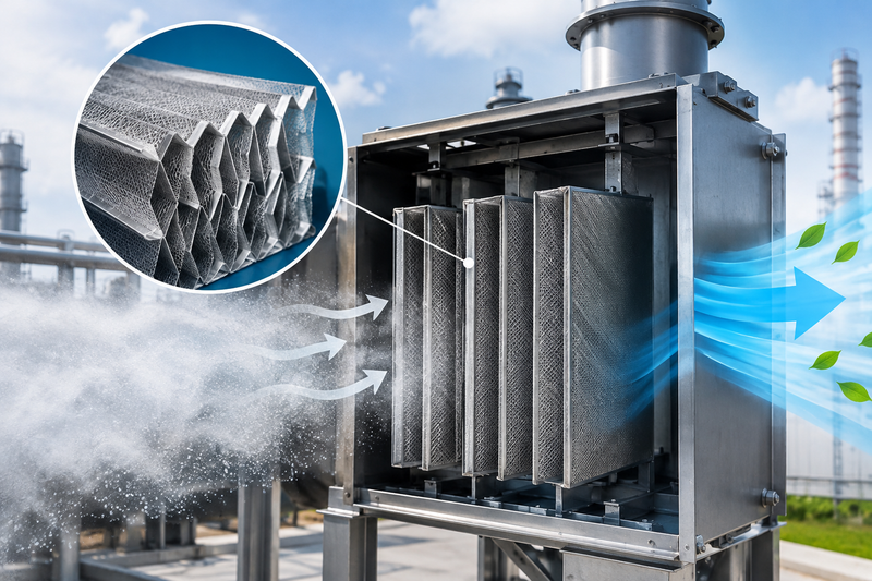 Exotic mist eliminator system for improved workplace safety and air quality in industrial processing plants.