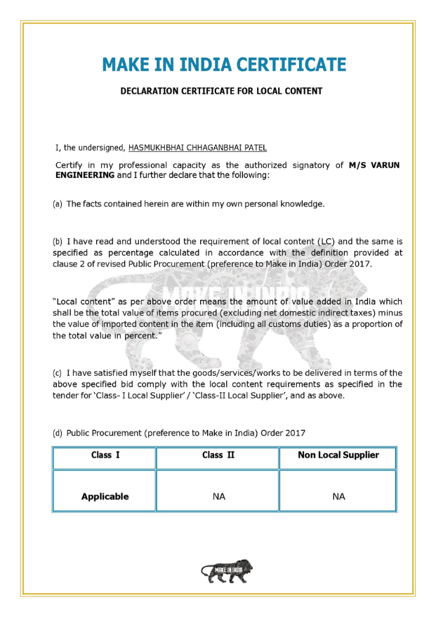 MAKE IN INDIA CERTIFICATE_Annexured_VARUN ENGINEERING